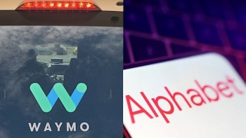 Imagen dividida: a la izquierda, la parte trasera de un vehículo con el logo de Waymo; a la derecha, la palabra "Alphabet" en una pantalla