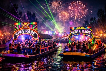 Varias trajineras en un canal nocturno con personas. Luces de neón, láseres verdes y fuegos artificiales en el cielo. Carteles "Viva Rave" y "Fiesta Magic".