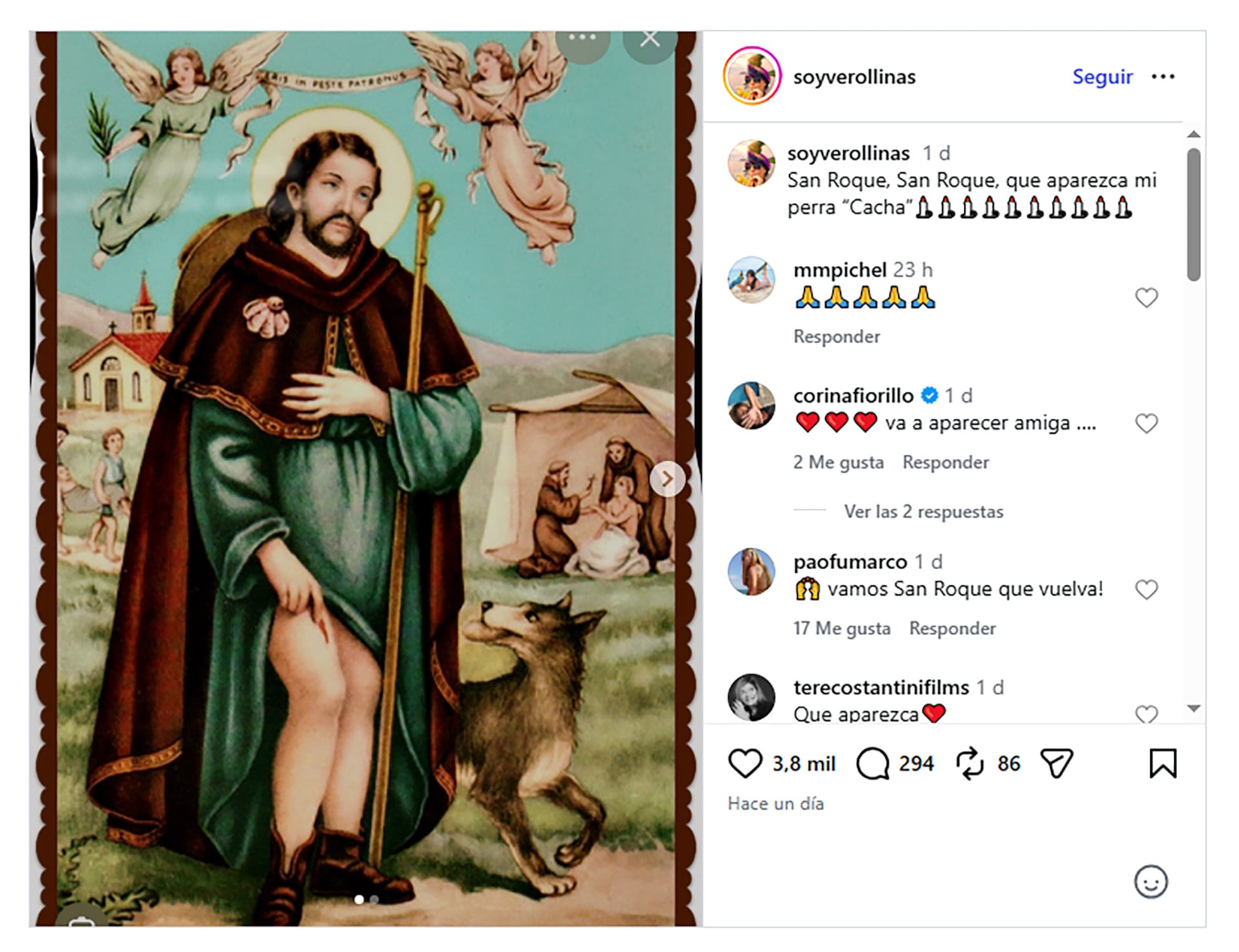 Verónica Llinás pidió ayuda en Instagram para viralizar la búsqueda de su perra Cacha y recibir datos sobre su paradero