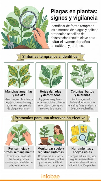 Infografía con ilustraciones de hojas afectadas por plagas, textos informativos y personas que realizan tareas de inspección vegetal.