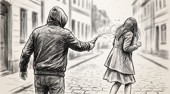 Dibujo en blanco y negro de un hombre de espaldas con capucha lanzando líquido de una botella a una mujer de espaldas en una calle.