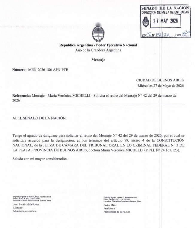 El pedido de retiro del pliego de la jueza Michelli