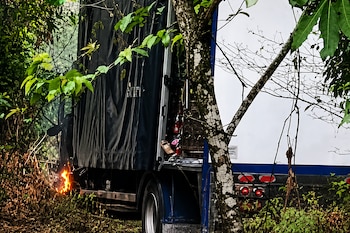 Un camión de lona negra y caja blanca entre árboles con un pequeño fuego cerca de la parte inferior.