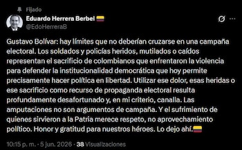El mayor general (r) Eduardo Herrera Berbel calificó de “profundamente desafortunado” el uso de imágenes de soldados heridos como recurso de propaganda electoral - crédito @EdoHerreraB/X
