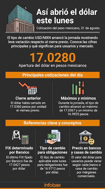 Infografía sobre el valor del dólar en México con el número 17.0280 destacado, íconos de gráfico, calendario, billete, banco y texto explicativo.