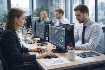 Vista de un grupo de profesionales trabajando en sus escritorios con computadoras que muestran gráficos y datos en una oficina moderna.