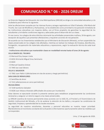 Clases en Lima: DRELM mantiene suspensión presencial en 10 colegios afectados por lluvias y aniegos. Captura: Ministerio de Educación.