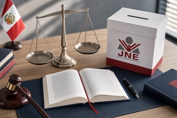 Escritorio con una urna electoral con el logo del JNE, una balanza metálica, un libro abierto, un mazo de madera y una bandera de Perú.