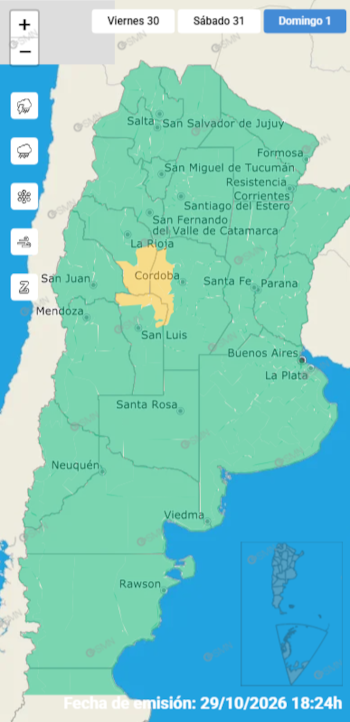 El mapa de alertas para el domingo muestra advertencias vigentes en provincias del centro argentino