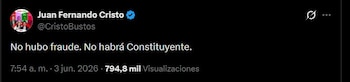 Juan Fernando Cristo sostuvo que en la campaña de Cepeda hubo consenso para promover un acuerdo nacional y no una constituyente - crédito @CristoBustos/X