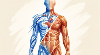 Ilustración acuarela de torso humano estilizado. La mitad izquierda muestra sistema cardiovascular azul con ondas, y la mitad derecha estructura muscular terracota. Fondo crema.