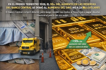 Collage mostrando lingotes de oro, billetes de dólar bajo una cama, un camión blindado frente al Banco Central de Argentina, y billetes con monedas.