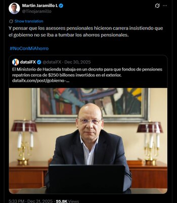 Martín Jaramillo había cuestionado que el gobierno “se fuera a tumbar los ahorros pensionales” - crédito @Tinojaramillo/X