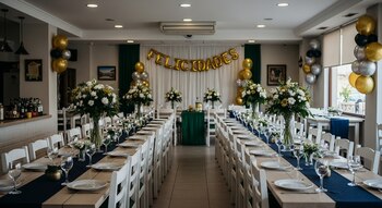 Restaurante con mesas largas de madera, sillas blancas, manteles azules, arreglos florales y globos dorados/plateados; al fondo, globos "FELICIDADES".