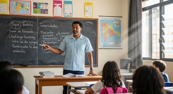 Un hombre en camisa azul señalando una pizarra, varios alumnos sentados en pupitres, libros sobre un escritorio y mapas en la pared.