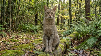 Un gato montés de pelaje gris y marrón se posa sobre un tronco con musgo, entre árboles, bambú y helechos, con hojas secas en el suelo.