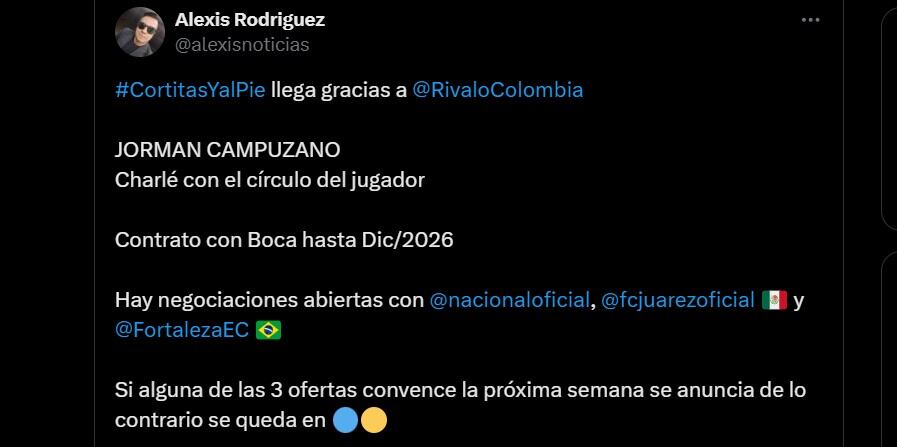 Jorman Campuzano volvió a Boca Juniors y ahora con tres equipos pujando por el volante - crédito @alexisnoticias/X