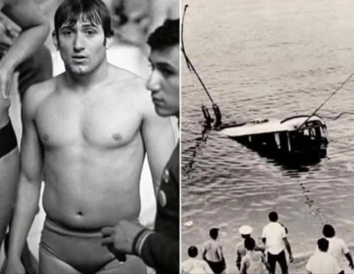 El nadador soviético Shavarsh Karapetyan aparece junto a la operación de rescate del trolebús sumergido en el embalse de Yereván en 1976 (@shavarsh_karapetyan_oficial)
