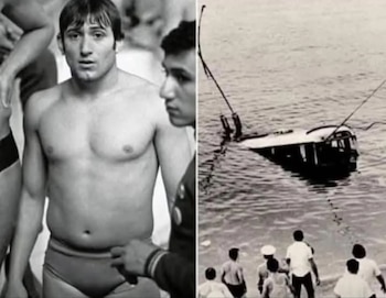 Montaje en blanco y negro con la imagen de un nadador en traje de baño a la izquierda y un trolebús sumergido en el agua a la derecha