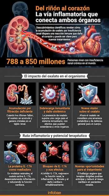 Infografía del cuerpo humano con riñón y corazón conectados, vasos, cristales de oxalato, células, escudo, reloj y textos sobre salud renal.