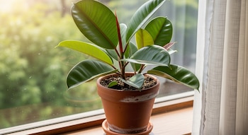 Planta ficus elástica con hojas grandes y verdes en una maceta de terracota sobre el alféizar de una ventana, con un cortina clara a la derecha.