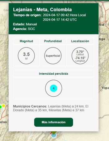 Sismo en Lejanías, Meta -