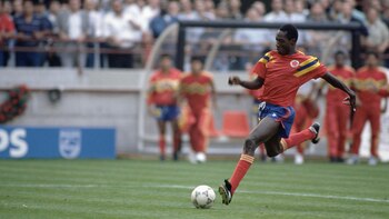 Footballer Rincon takes a penalty kick for Colombia against West Germany at the 1990 World Cup. (Photo by Jean-Yves Ruszniewski/TempSport/Corbis/VCG via Getty Images)