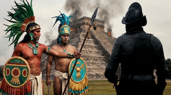 Tlaxcalteca y Totonaca con vestimenta tradicional entregan una lanza a un conquistador español de espaldas. Al fondo, una pirámide en ruinas con humo.