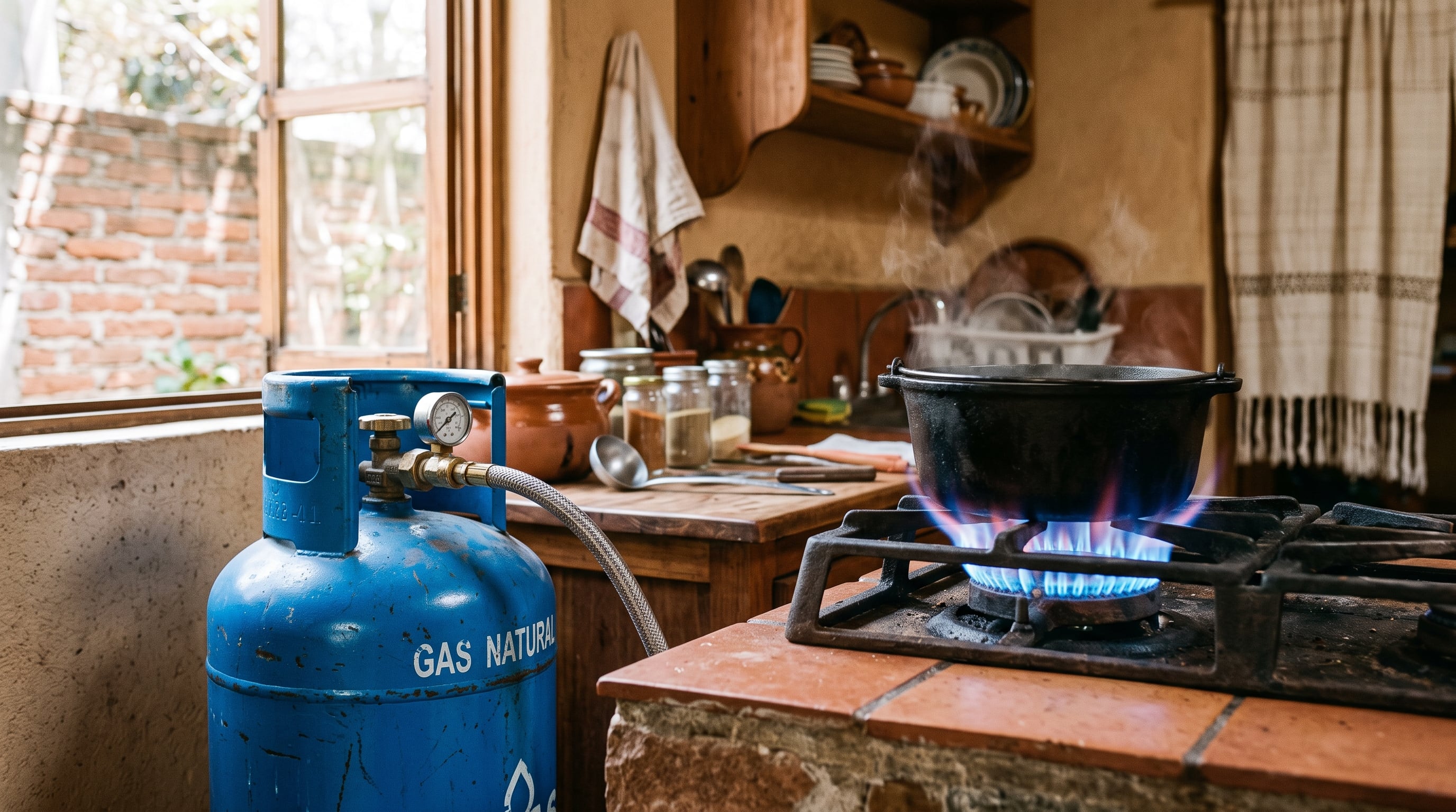 Un cilindro de gas conectado a una hornilla de hierro suministra combustible para la cocción de alimentos en una cocina doméstica. (Imagen Ilustrativa Infobae)