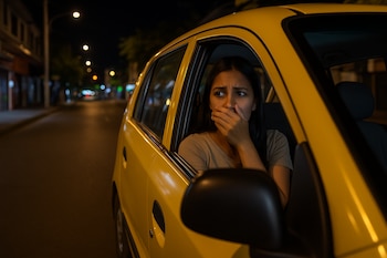 Mujer atemorizada en un taxi