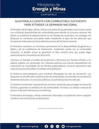 Comunicado oficial con el logotipo del Ministerio de Energía y Minas de Guatemala sobre la situación del abastecimiento de combustible