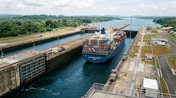 Un barco portacontenedores navega por un canal de concreto rodeado de vegetación, vías de remolcadores y edificios de control.