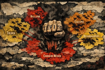 Mapa estilizado del Valle y Estado de México con municipios resaltados, siluetas de hormigas, líneas rojas y un puño con la palabra 'Tepito' en los nudillos.