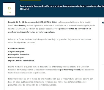 La Procuraduría General de la Nación citó el 13 de octubre de 2026 a declarar a Eva Ferrer y a otras cinco personas por presuntos actos de corrupción que involucran a varios servidores públicos - crédito Procuraduría Geneneral de Nación