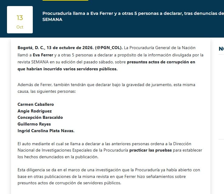La Procuraduría General de la Nación citó el 13 de octubre de 2026 a declarar a Eva Ferrer y a otras cinco personas por presuntos actos de corrupción que involucran a varios servidores públicos - crédito Procuraduría Geneneral de Nación