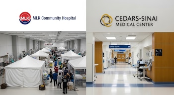 Imagen dividida con logo MLK Community Hospital y emergencias con carpas; logo Cedars-Sinai Medical Center y pasillo moderno de hospital.