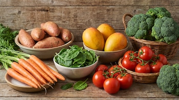 Tazón con camotes, plato con zanahorias, tazón con espinacas, tazón con mangos, cesta con tomates, cesta con brócoli, todo sobre mesa de madera.