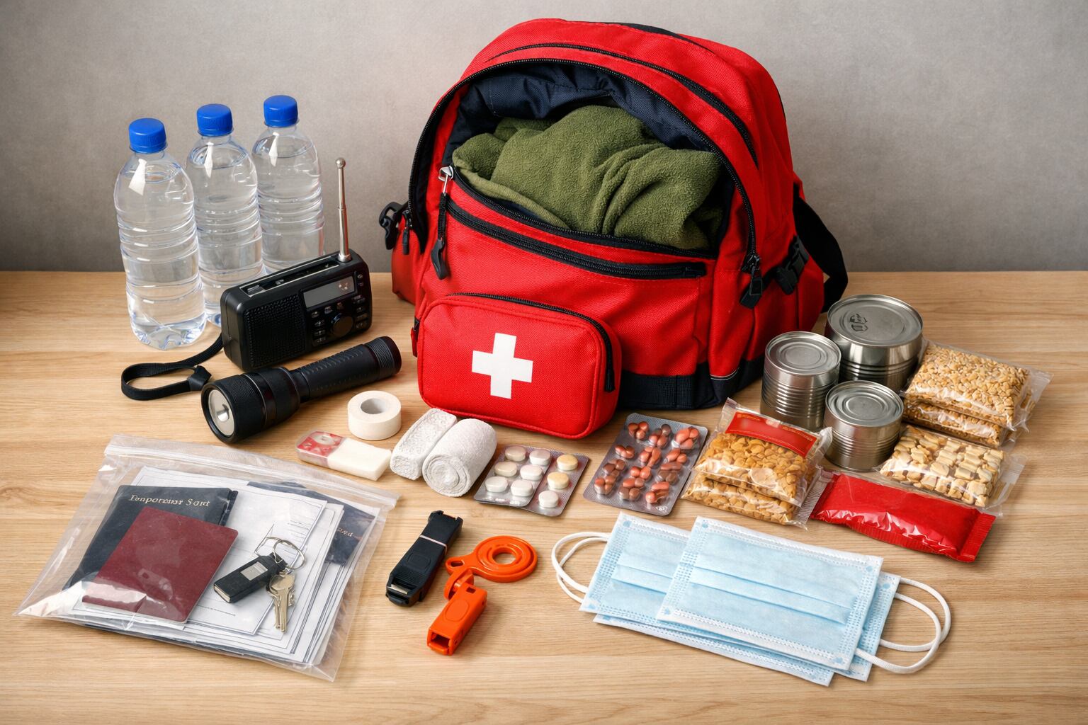 Una mochila roja de emergencia muestra sus suministros esenciales, como agua, alimentos, botiquín y documentos, organizados sobre una mesa de madera para la preparación ante desastres. (Imagen Ilustrativa Infobae)