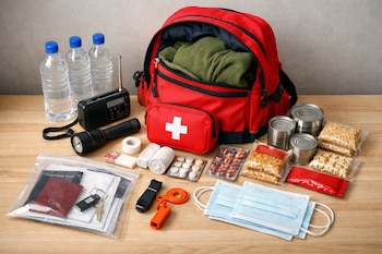 Mochila roja abierta, tres botellas de agua, radio, linterna, botiquín, vendajes, comprimidos, alimentos enlatados, alimentos envasados, documentos, llaves y mascarillas.