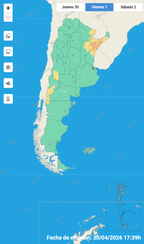 El Servicio Meteorológico Nacional emitió alertas amarillas para Misiones, Corrientes y el este de Formosa ante la posibilidad de tormentas aisladas entre el viernes y el sábado