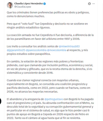 Al exalcaldesa Claudia López Hernández aseguró que el voto fusil no fue Cepedista. Ningún análisis estadístico lo demuestra - crédito @ClaudiaLopez/X