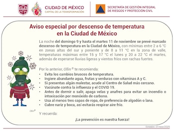 Aviso especial por descenso de temperaturas en la CDMX. Foto: X/@SGIRPC_CDMX.