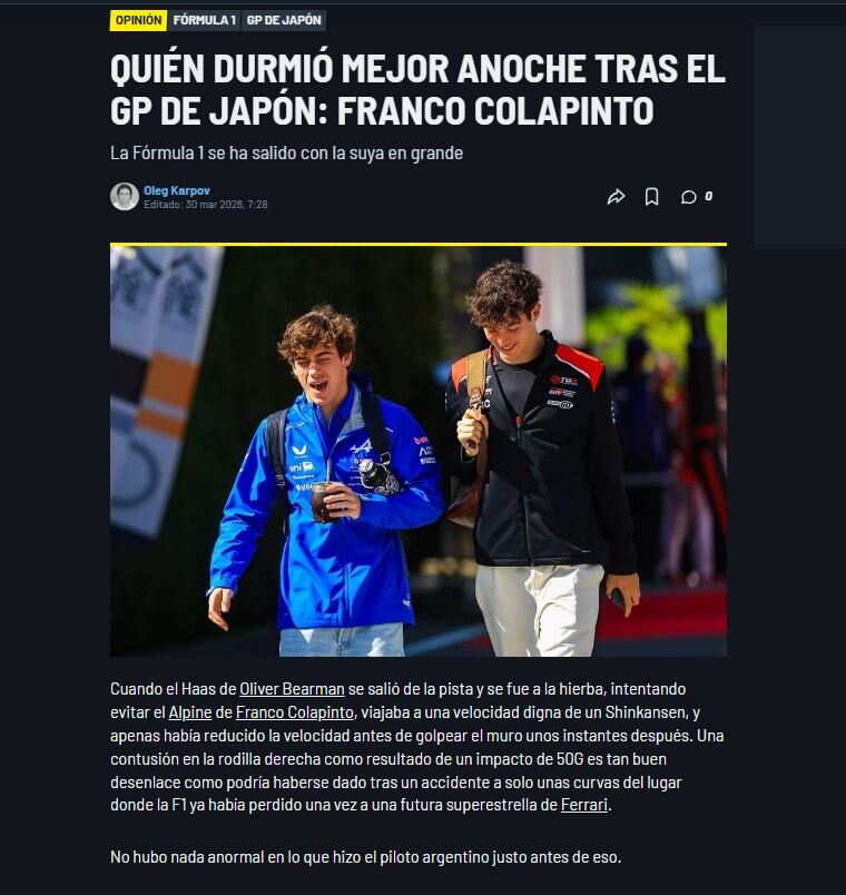 Motorsport defendió a Franco Colapinto en el accidente que protagonizó Oliver Bearman