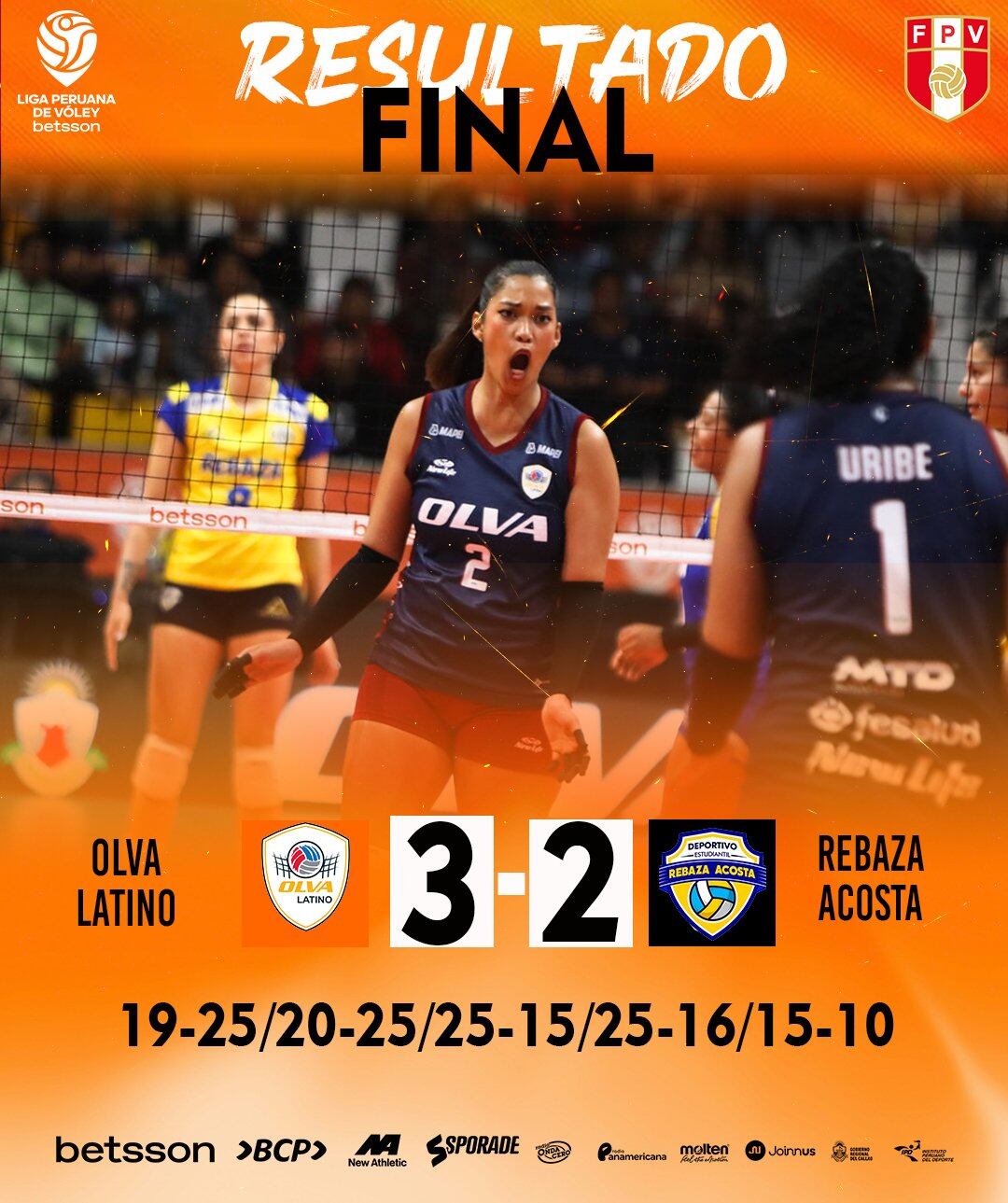 Rebaza Acosta perdió frente Olva Latino por la fecha 4 de la Liga Peruana de Vóley 2025/26