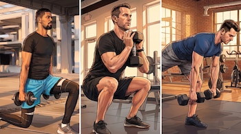 Collage de tres imágenes de hombres ejercitándose en un gimnasio. Uno realiza una estocada con mancuerna, otro una sentadilla goblet y el tercero un peso muerto.