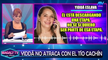 Imagen dividida mostrando a Magaly Medina leyendo documentos a la izquierda y a Yiddá Eslava sonriendo mientras habla por teléfono a la derecha, con textos superpuestos