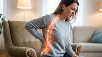 Mujer con suéter gris sentada en un sillón, agarrándose la espalda baja con una expresión de dolor. Su columna vertebral está resaltada en un tono naranja brillante.