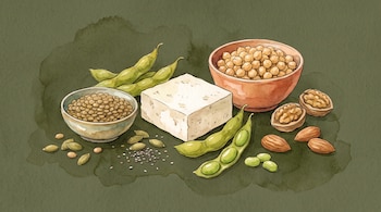 Ilustración con un cubo de tofu, cuencos con lentejas y garbanzos, vainas de edamame, nueces, almendras y semillas sobre fondo verde.