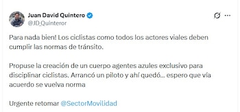 Juan David Quintero rechazó los piques ilegales y pidió reforzar el cumplimiento del Código de Tránsito en Bogotá - crédito @JD_Quinteror/X