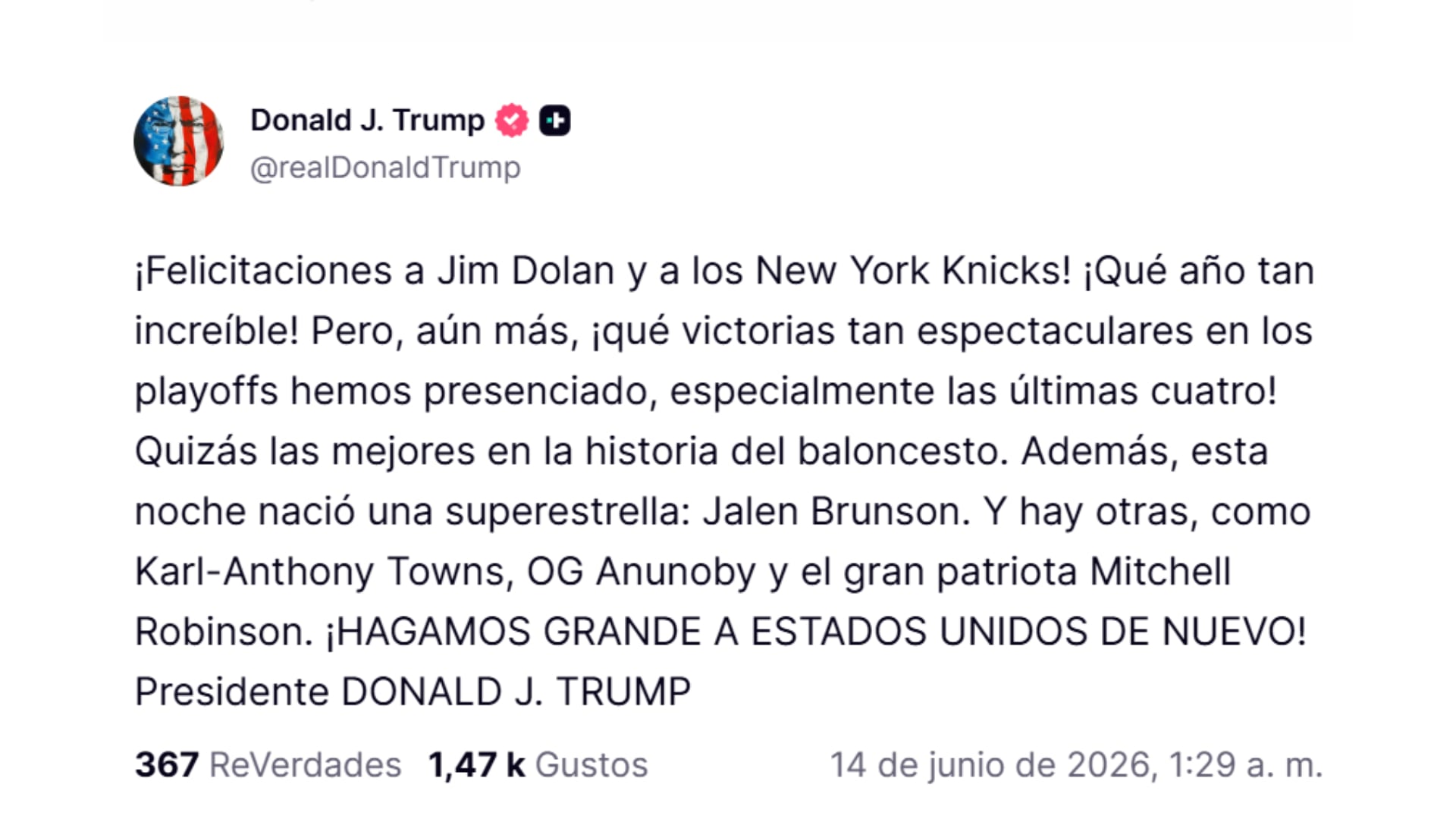 El mensaje de Donald Trump tras la consagración de los New York Knicks (@realDonaldTrump)